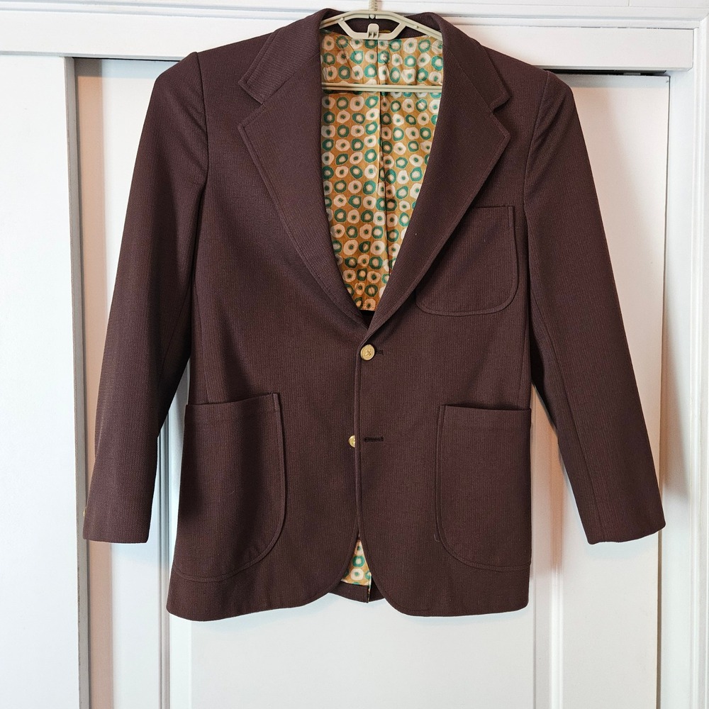 Vintage 70s Mens Brown Blazer Sport Coat Gold Buttons 42R Deconstructed Academia